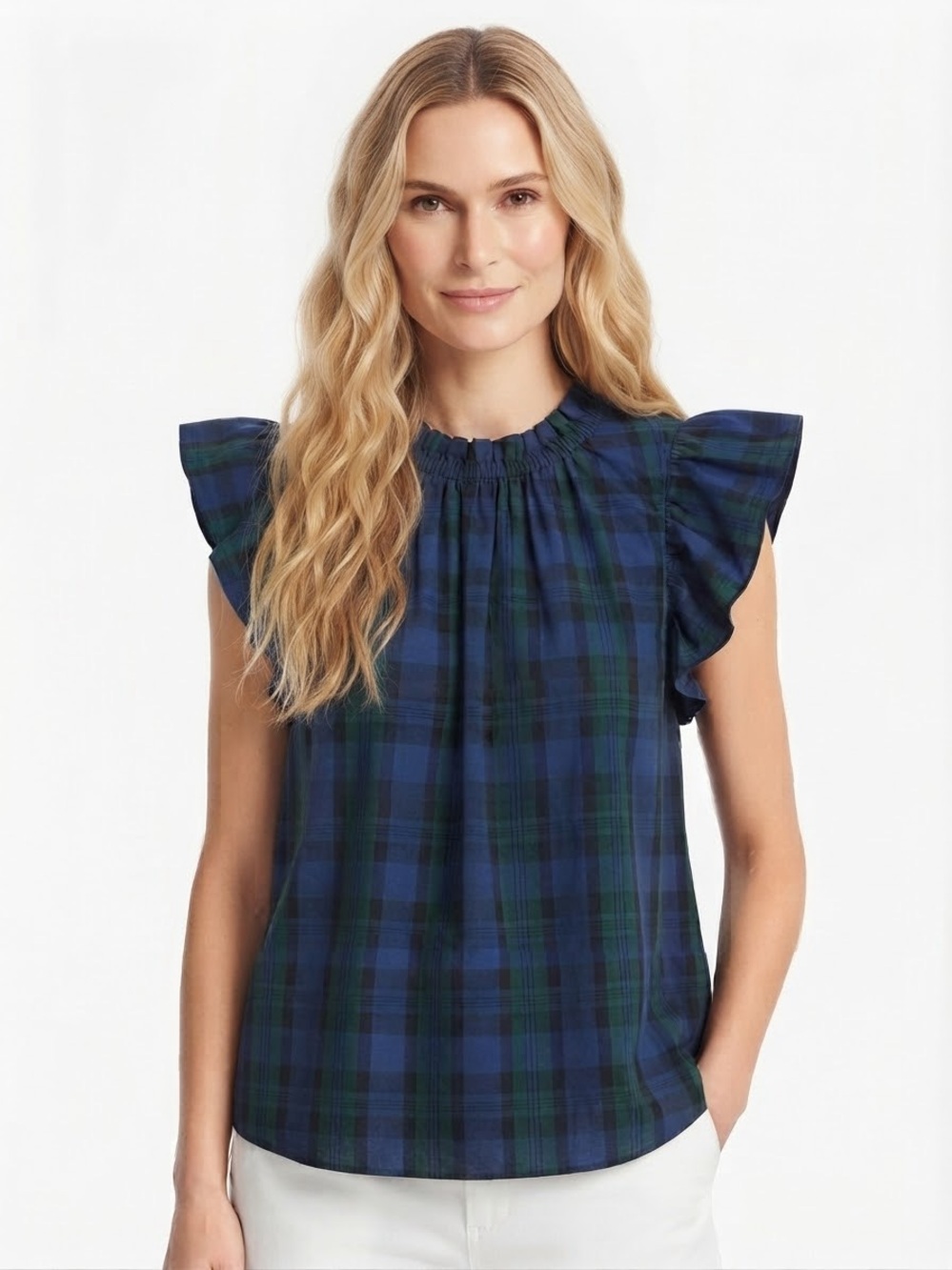 Sail to Sable Womens L Blue Green Blackwatch Plaid Flutter Sleeve Holiday Shirt